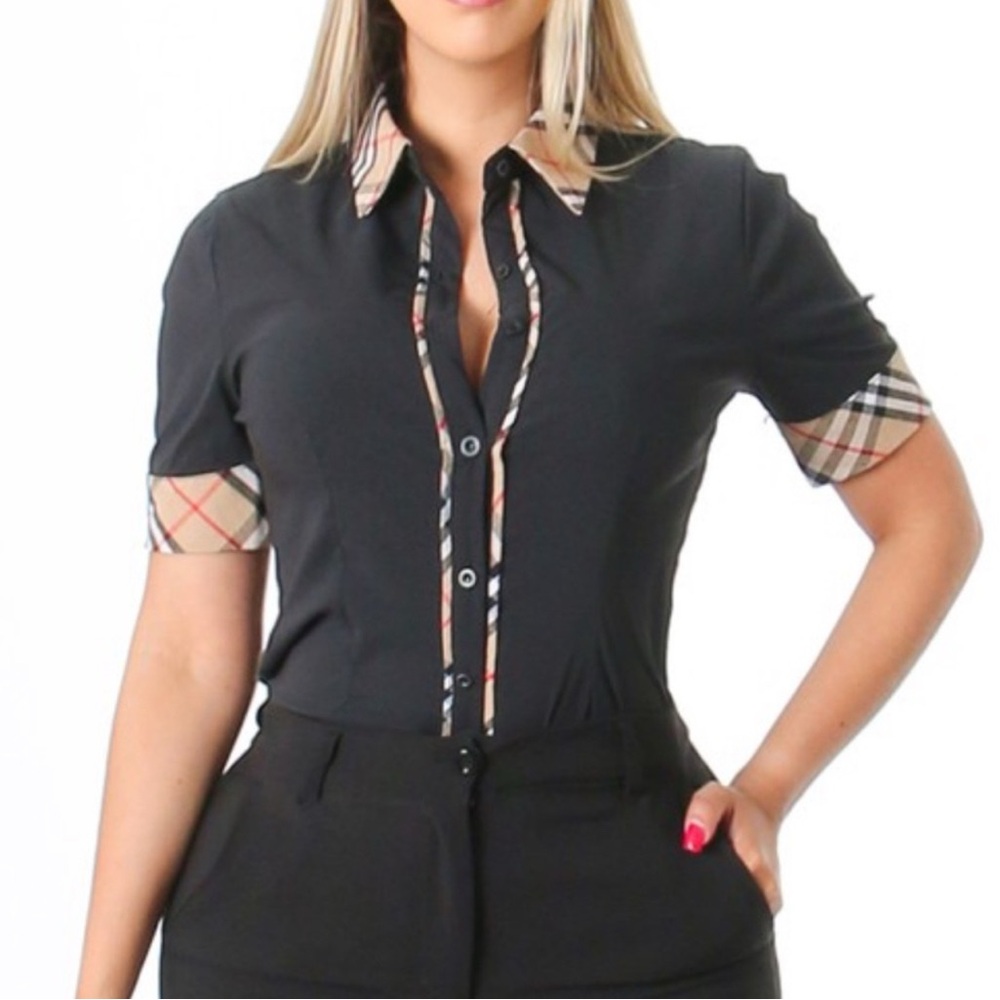 black plaid trim shirt